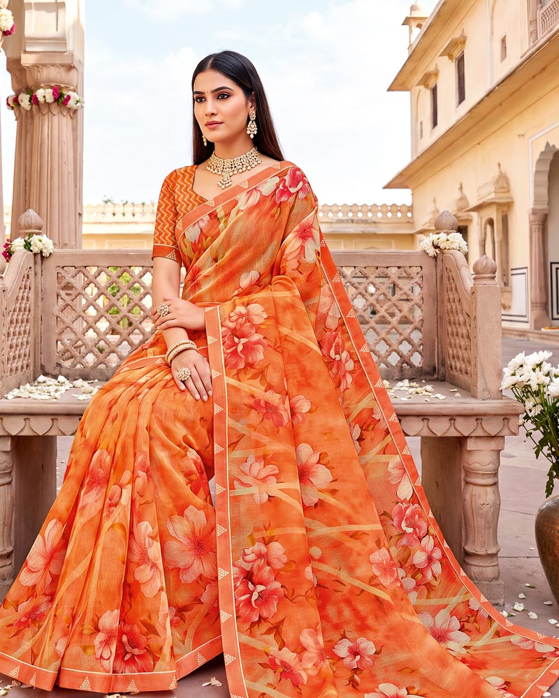 Vishal Prints Sunrise Orange Printed Fancy Chiffon Saree With Border