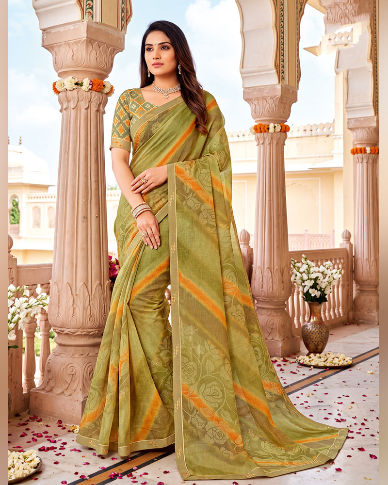Vishal Prints Dusty Brownish Green Printed Fancy Chiffon Saree With Border