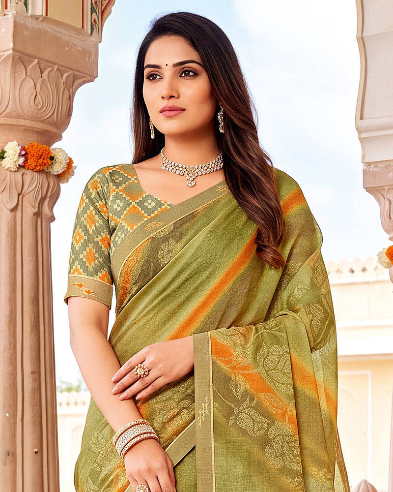 Vishal Prints Dusty Brownish Green Printed Fancy Chiffon Saree With Border