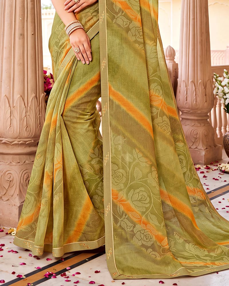 Vishal Prints Dusty Brownish Green Printed Fancy Chiffon Saree With Border