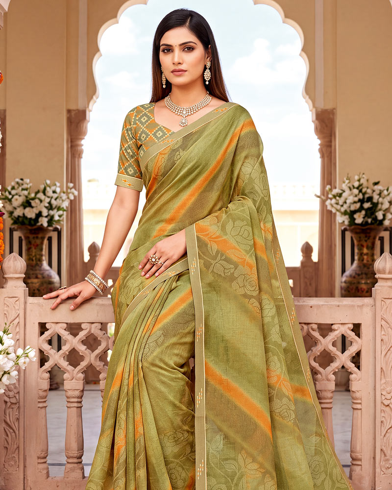Vishal Prints Dusty Brownish Green Printed Fancy Chiffon Saree With Border