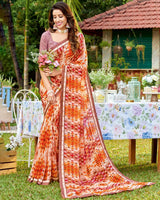 Vishal Prints Orange Printed Georgette Saree With Border