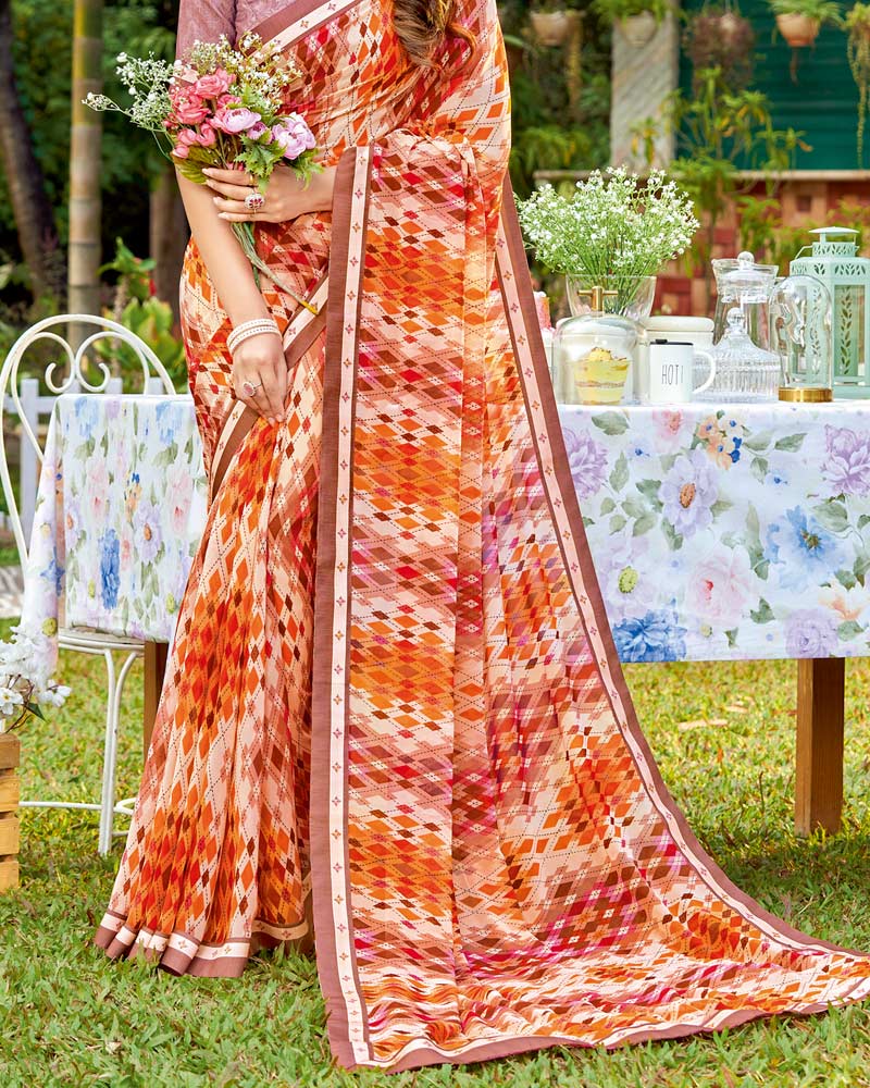 Vishal Prints Orange Printed Georgette Saree With Border