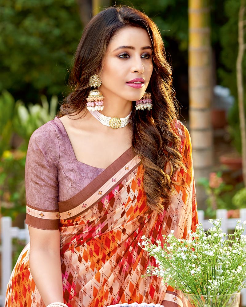 Vishal Prints Orange Printed Georgette Saree With Border