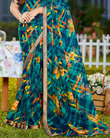 Vishal Prints Ink Blue Printed Georgette Saree With Border