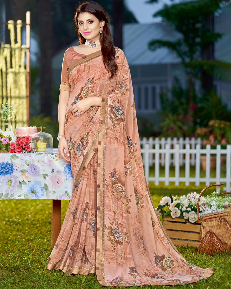 Vishal Prints Dark Coral Printed Georgette Saree With Border