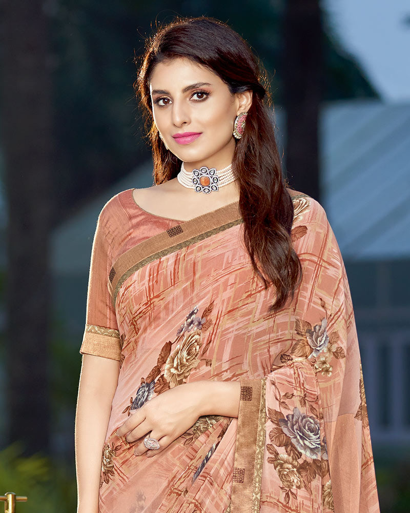 Vishal Prints Dark Coral Printed Georgette Saree With Border