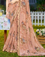 Vishal Prints Dark Coral Printed Georgette Saree With Border