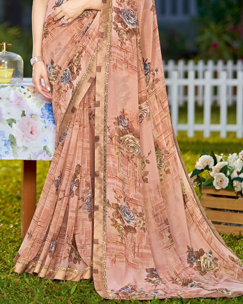 Vishal Prints Dark Coral Printed Georgette Saree With Border