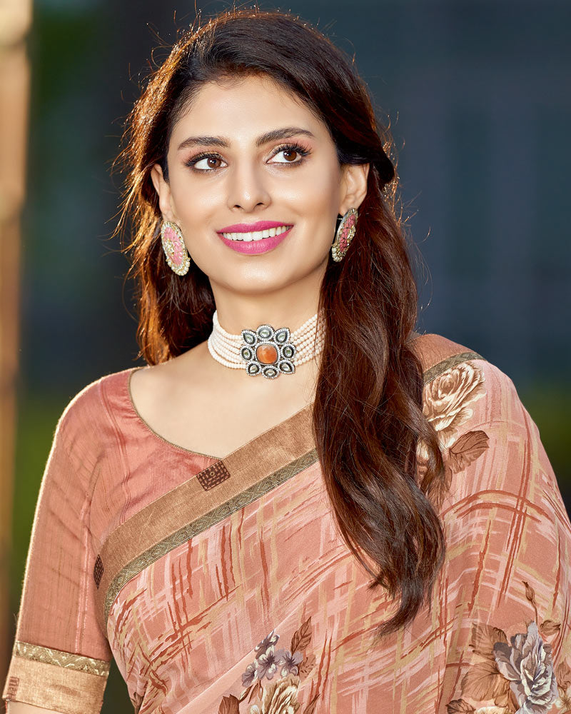 Vishal Prints Dark Coral Printed Georgette Saree With Border