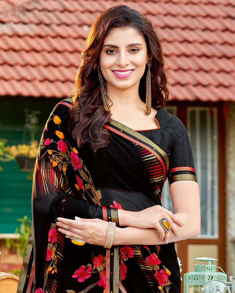 Vishal Prints Red Pink Printed Georgette Saree With Border