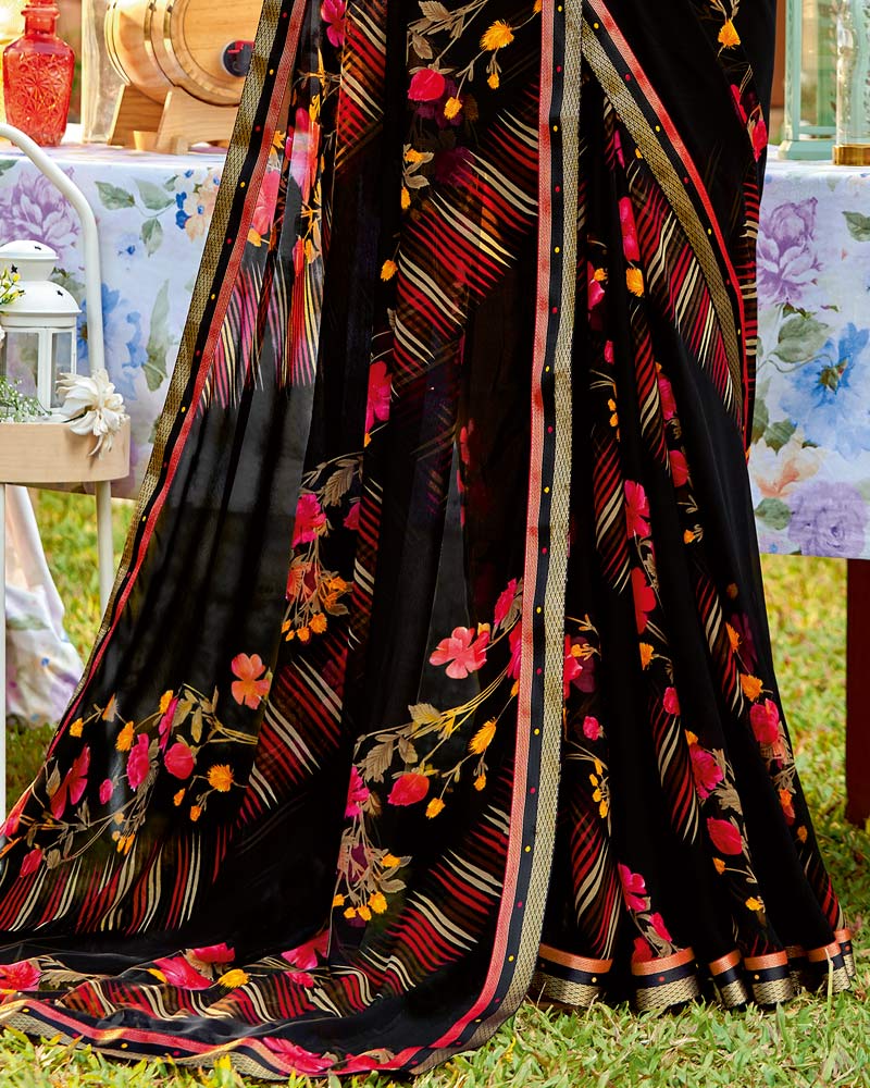 Vishal Prints Red Pink Printed Georgette Saree With Border