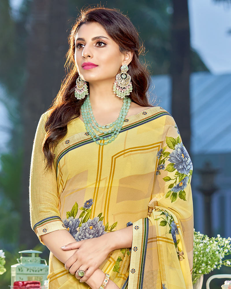 Vishal Prints Pastel Yellow Printed Georgette Saree With Border