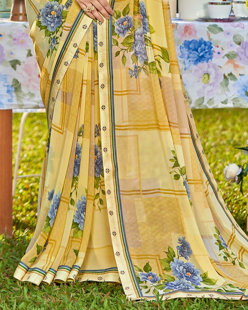 Vishal Prints Pastel Yellow Printed Georgette Saree With Border