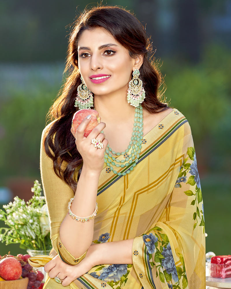Vishal Prints Pastel Yellow Printed Georgette Saree With Border