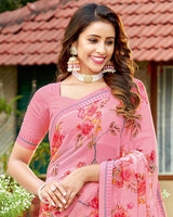 Vishal Prints Rose Pink Printed Georgette Saree With Border