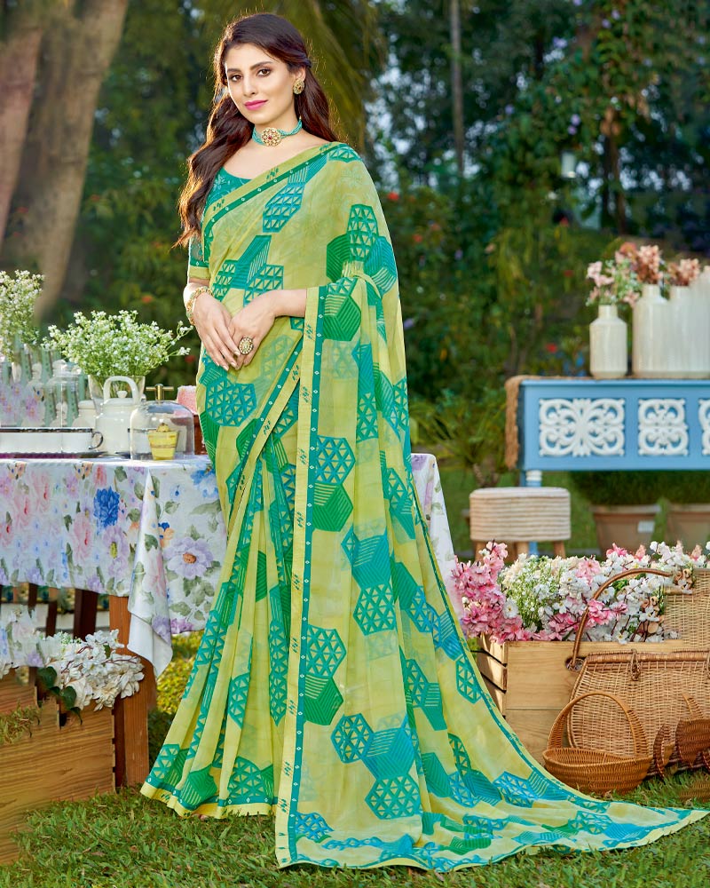 Vishal Prints Lime Yellow Printed Georgette Saree With Border