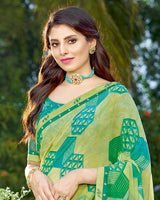 Vishal Prints Lime Yellow Printed Georgette Saree With Border