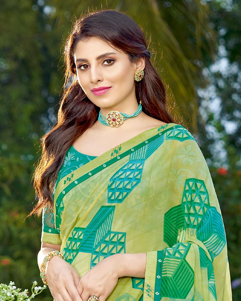 Vishal Prints Lime Yellow Printed Georgette Saree With Border
