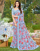 Vishal Prints Pastel Blue Printed Georgette Saree With Border