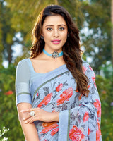 Vishal Prints Pastel Blue Printed Georgette Saree With Border
