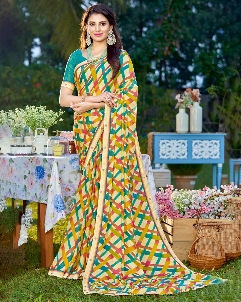 Vishal Prints Ivory Printed Georgette Saree With Border