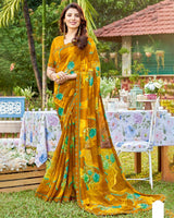 Vishal Prints Ochre Printed Georgette Saree With Border