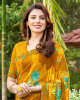 Vishal Prints Ochre Printed Georgette Saree With Border