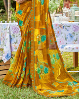 Vishal Prints Ochre Printed Georgette Saree With Border