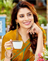 Vishal Prints Ochre Printed Georgette Saree With Border