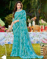 Vishal Prints Dark Turquoise Blue Printed Georgette Saree With Border