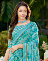 Vishal Prints Dark Turquoise Blue Printed Georgette Saree With Border