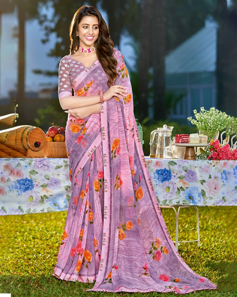 Vishal Prints Baby Pink Printed Georgette Saree With Border