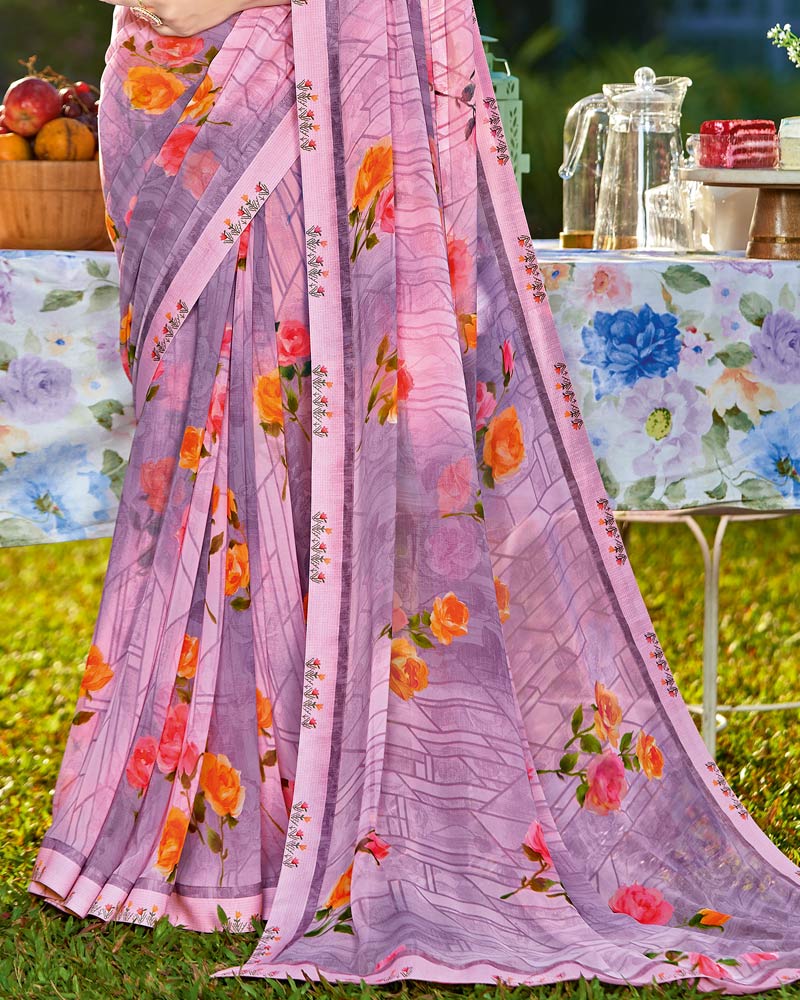 Vishal Prints Baby Pink Printed Georgette Saree With Border