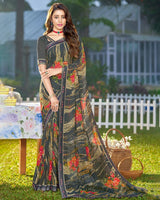 Vishal Prints Dark Grey Printed Georgette Saree With Border