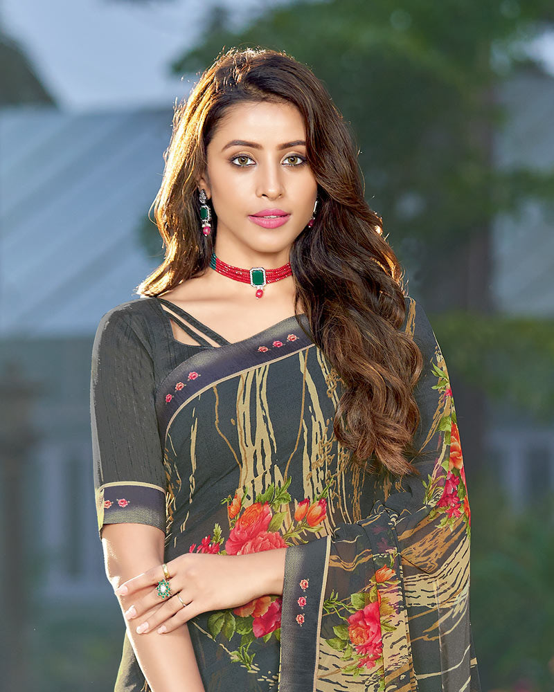 Vishal Prints Dark Grey Printed Georgette Saree With Border