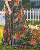 Vishal Prints Dark Grey Printed Georgette Saree With Border
