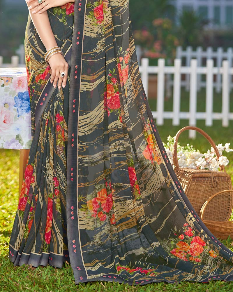 Vishal Prints Dark Grey Printed Georgette Saree With Border