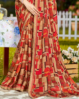 Vishal Prints Cherry Red Printed Georgette Saree With Border
