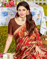 Vishal Prints Cherry Red Printed Georgette Saree With Border