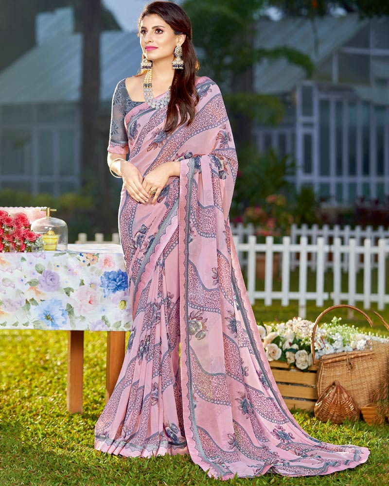 Vishal Prints Light Pink Printed Georgette Saree With Border