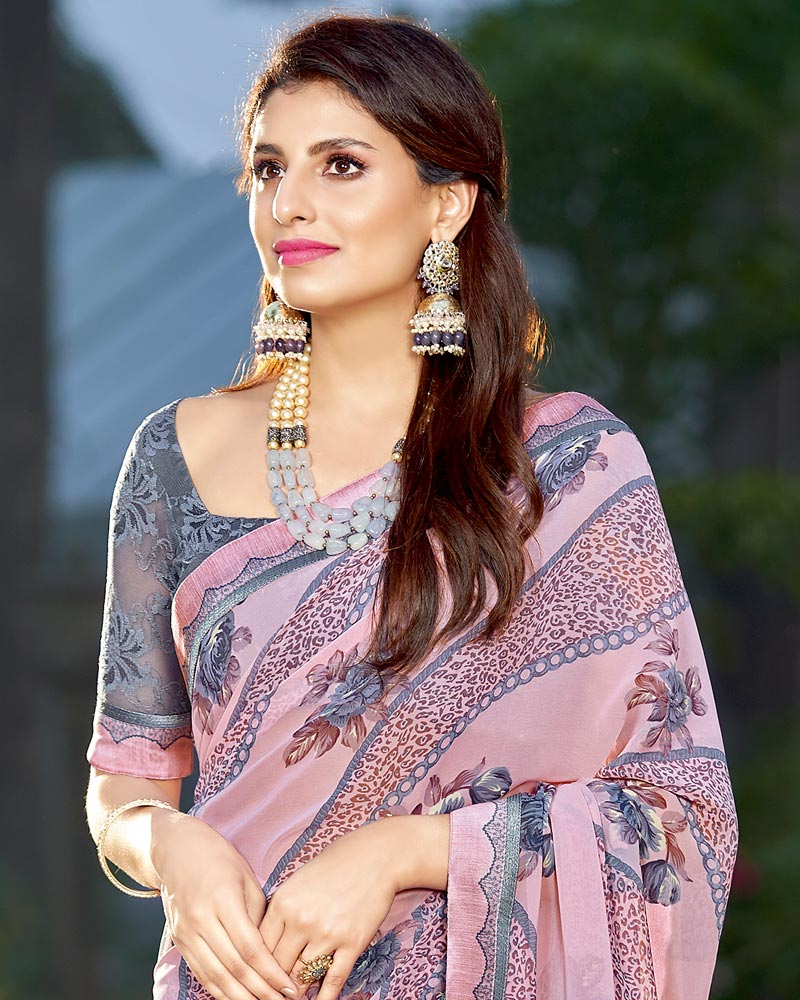 Vishal Prints Light Pink Printed Georgette Saree With Border