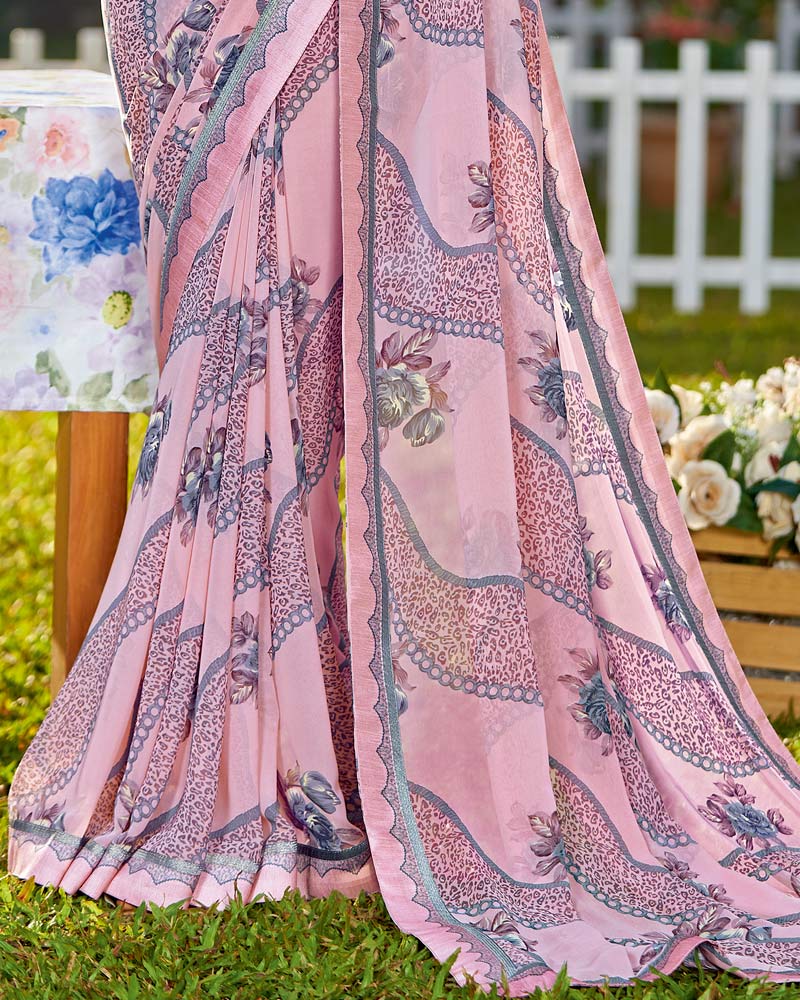 Vishal Prints Light Pink Printed Georgette Saree With Border