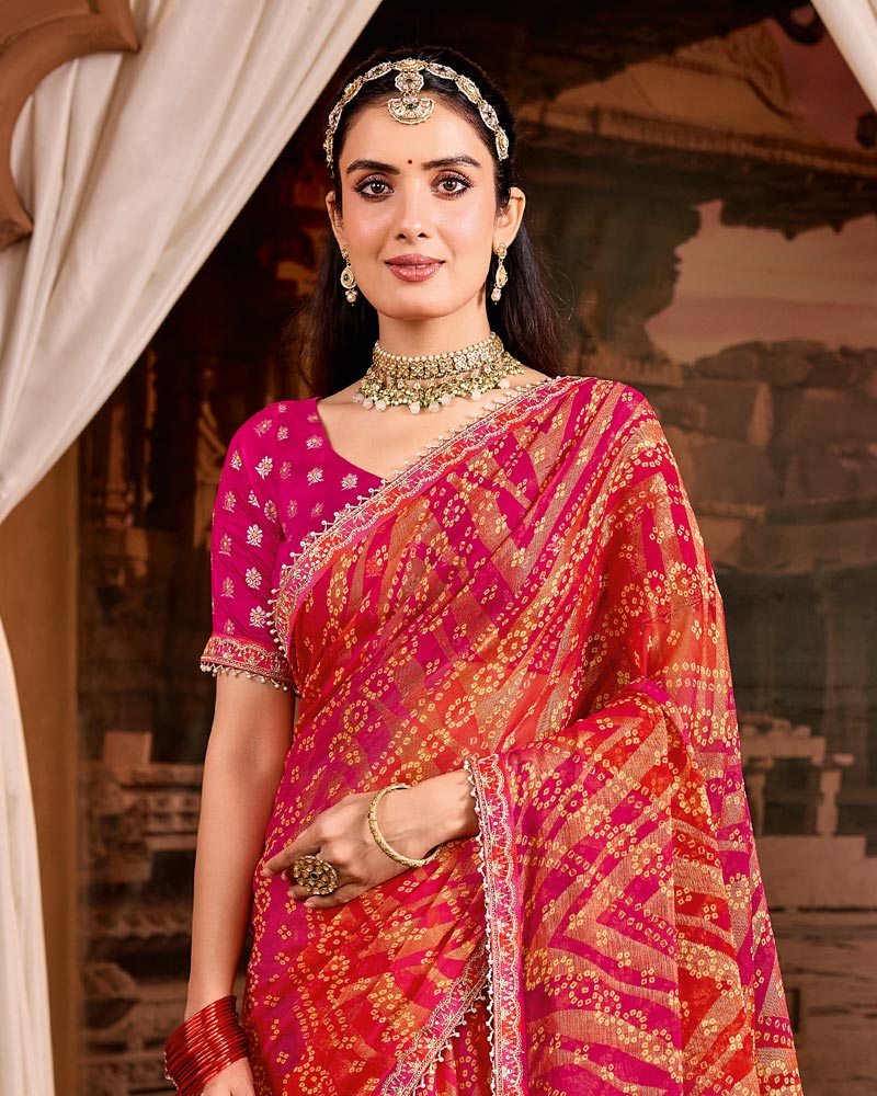 Vishal Prints Fuchsia Red Traditional Print Brasso Saree With Fancy Embroidery Border