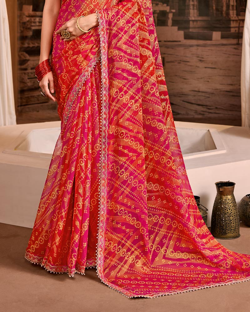 Vishal Prints Fuchsia Red Traditional Print Brasso Saree With Fancy Embroidery Border