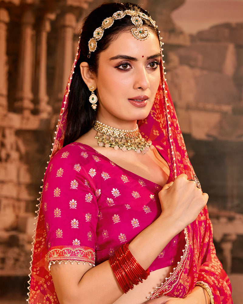 Vishal Prints Fuchsia Red Traditional Print Brasso Saree With Fancy Embroidery Border