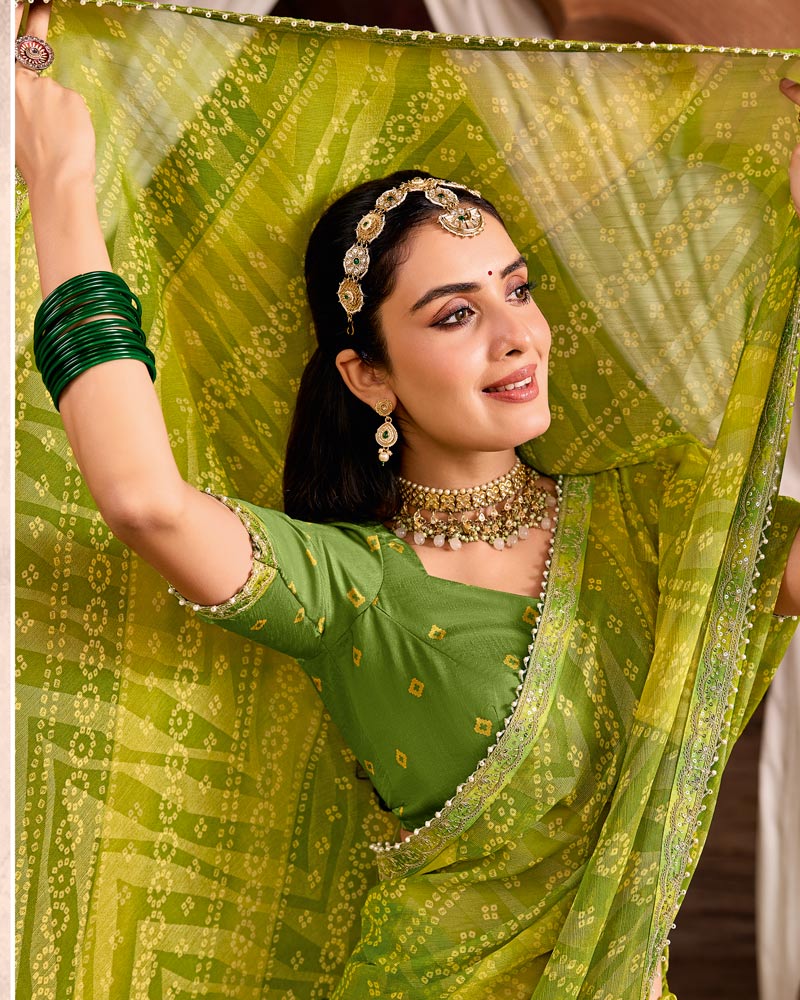 Vishal Prints Mehandi Green Traditional Print Brasso Saree With Fancy Embroidery Border