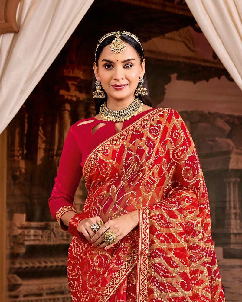 Vishal Prints Sindoori Red Traditional Print Brasso Saree With Fancy Embroidery Border