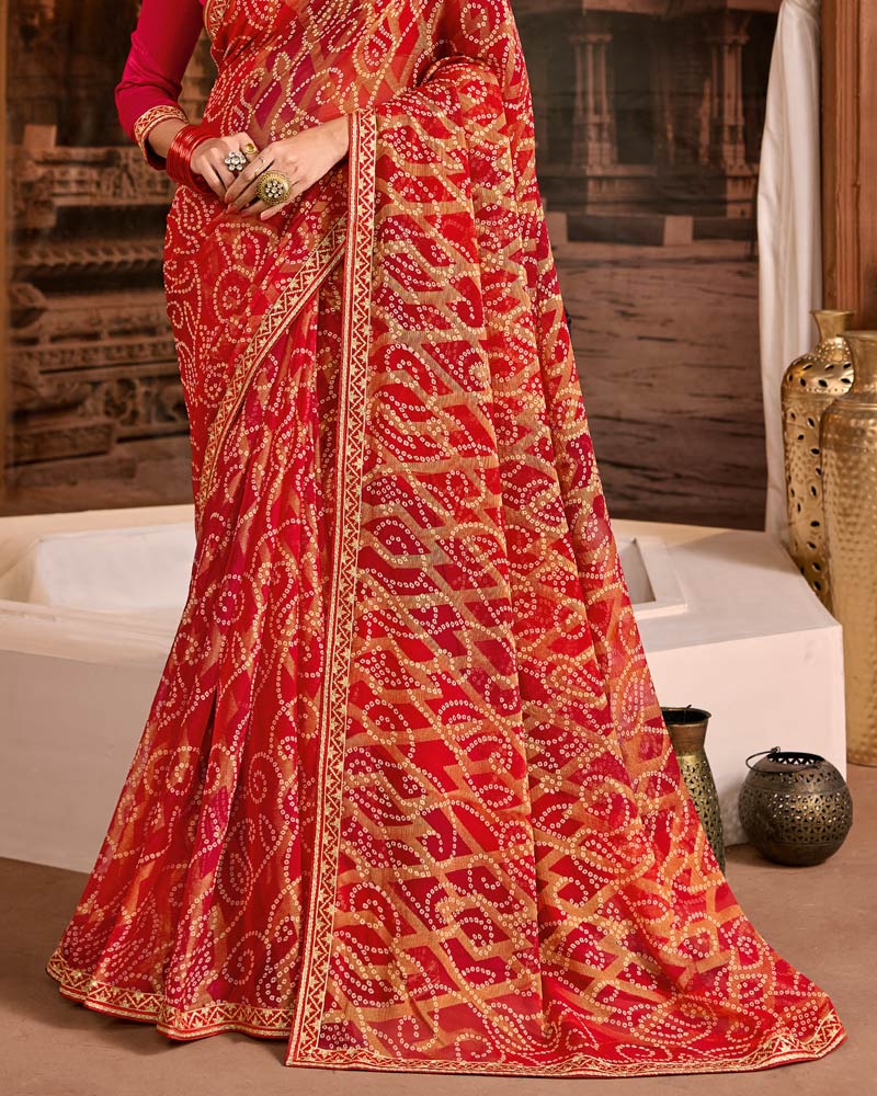 Vishal Prints Sindoori Red Traditional Print Brasso Saree With Fancy Embroidery Border