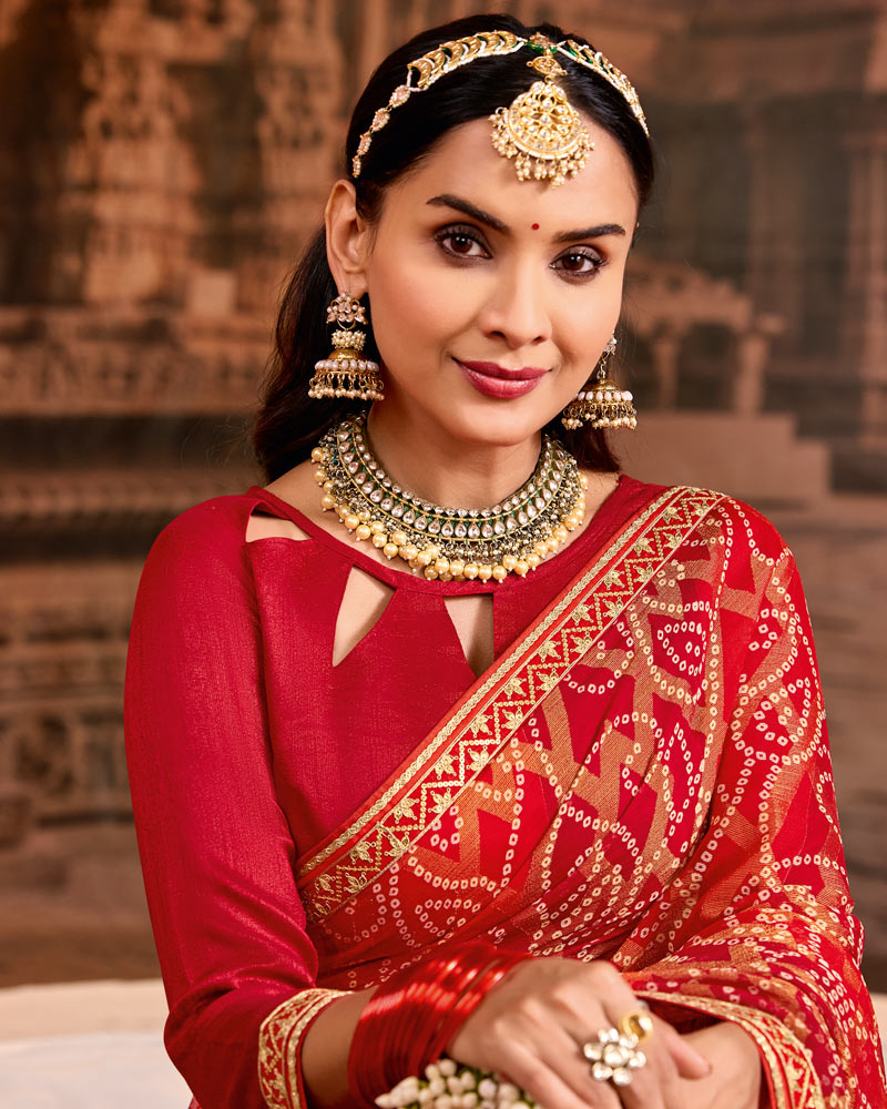 Vishal Prints Sindoori Red Traditional Print Brasso Saree With Fancy Embroidery Border
